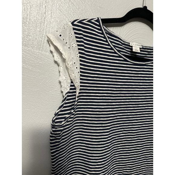 J by J Crew Navy Blue White Tee Striped Capped Sleeve Lace Eyelet Detail Top L - Picture 4 of 10